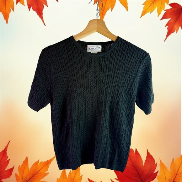 Pendleton Women's Medium Black 100% Cotton S/S Cable Knit Sweater Made in Japan - Picture 1 of 7